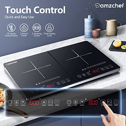Double Induction Cooktop AMZCHEF Induction Cooker 2 Burners, Low Noise Electric Cooktops With 1800W Sensor Touch, 10 Temperature & Power Levels,Independent Control,3-hour Timer, Safety Lock - Image 4