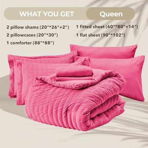 Image of HYMOKEGE Hot Pink Queen Comforter Set Seersucker 7 Pieces, All Season Luxury Bed in a Bag Queen for Bedroom, Bedding Set with Comforter, Sheets, Pillowcases & Shams