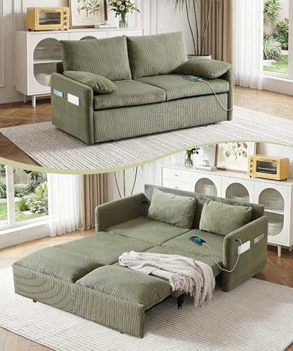 CAPCAEK Queen Size Pull Out Couch, Sleeper Sofa Bed Queen with USB, Storage Pockets & Pillows, 3-in-1 Modern Convertible Loveseat Couch Bed for Living Room Bedroom, Office, Apartment, Corduroy(Green)