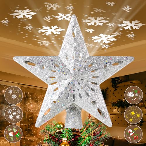 TEPENAR Estrella para árbol de Navidad: decoración para árbol de Navidad con 6 modos de proyección LED integrada, luz de proyector giratoria 3D con purpurina para decoración de fiestas de Navidad,