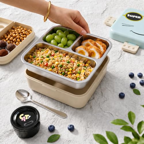 Image of Lunch Box for School Travel Work Gym, 3 Compartment Bento Box, Portable Tiffin Box, Stainless Steel Food Container, Leakproof Meal Box with Spoon, 1120ml + 70ml (Mint Blue, Super Cat)