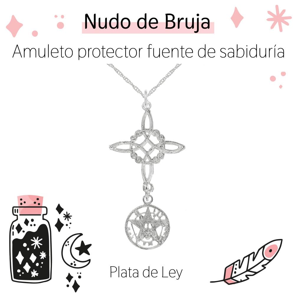 Colgante amuleto Nudo de Bruja & Tetragrámaton de Plata de Ley 925 - Amuleto doble protección de Plata de Ley con cadena incluida