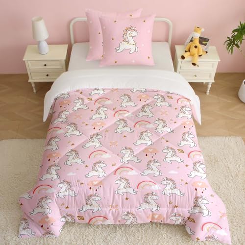 CINYE Einhorn Bettwäsche Set 3-teilig für Mädchen | Bettdecke 135x200 cm + 2 Kissenbezüge 80x80 cm | Microfaser Daunendecke Alternative & Kunstfaserdecke | Weiche Steppdecke mit Tragetasche