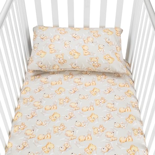 baby idea Babysanity Piumino Lettino Neonato Ricamato Completo Federa e Copripiumino e Lenzuolino con Angoli Sfoderabile Senza Paracolpi Lettino - Made in Italy- (Orsetto Beige)