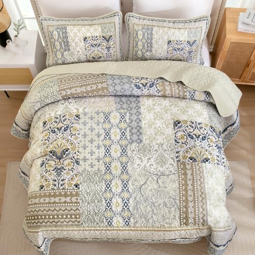 Juego de edredón bohemio Queen WONGS Bedding colcha de patchwork beige de microfibra para cama 5