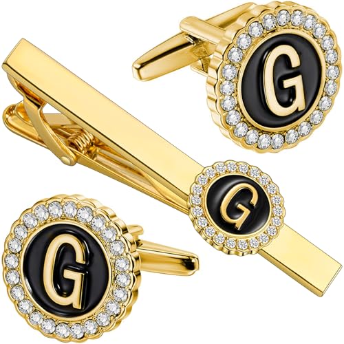 HAWSON 18K Gold Tie Clip and Cufflinks for Men, 2.2in Necktie Bar & Mens Cuff Links with Personalized Engraved A-Z Letter and Clear Crystal