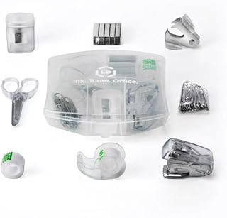 LD Products Clear Mini Office Supply Kit Portable Case with Scissors, Paper Clips, Tape Dispenser, Pencil Sharpener, Stapl...