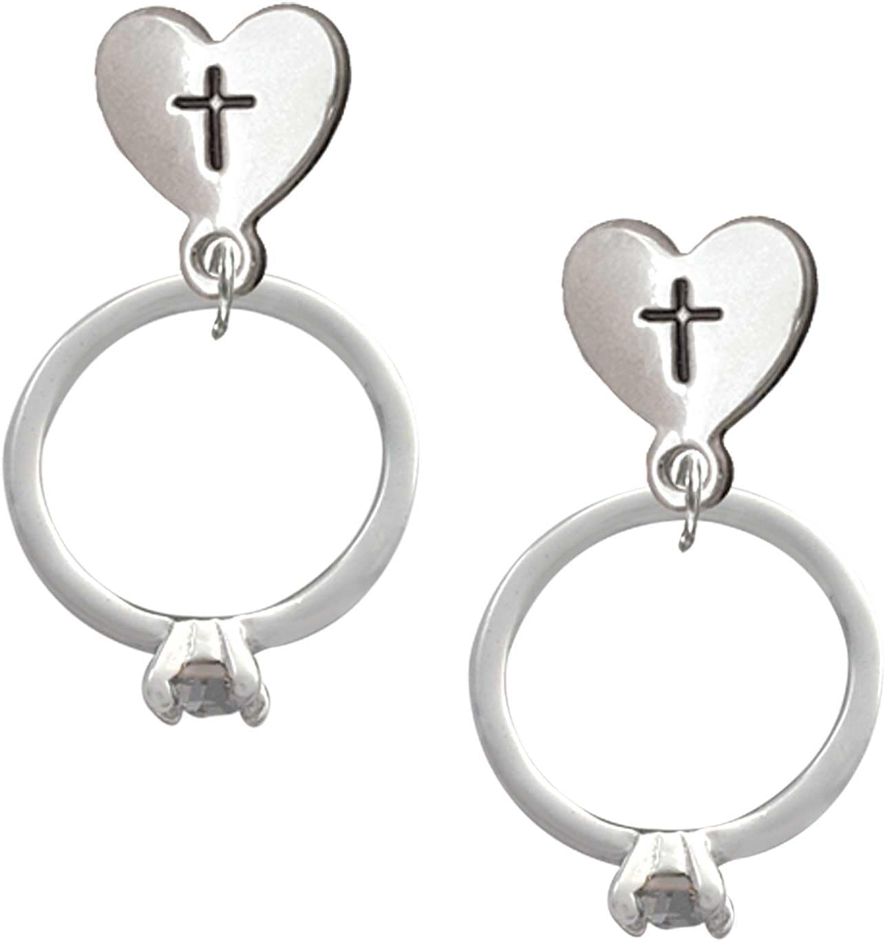Delight Jewelry Silvertone Promise Ring with Crystal Cross in Heart Post Dangle Earrings