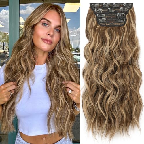 Image of Wavy Thick Hair Extensions 20 inch Medium Brown mix Caramel Blonde | 4 Pieces Clip in Extensions,Fiber Double Weft Hairpieces,Natural Volume,Wave Long Synthetic Highlight Hairpieces for Women