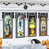 4 Packs Jack Sally Banners Porch Signs Halloween Decor Christmas Nightmare Hanging Vintage Banner Halloween Decorations Outdoor Horror Poster for Indoor Stretching Portraits Before Party Banner Wall Art Wallpaper