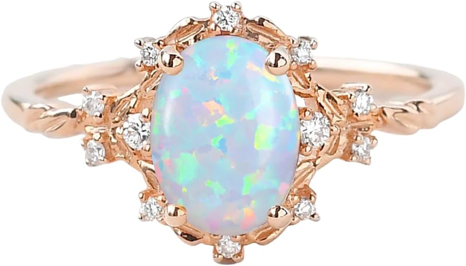10K 14K 18K Gold Opal Rings for Women Center 1.5CT Oval Opal and Moissanite Engagement Rings with Text Engraving
