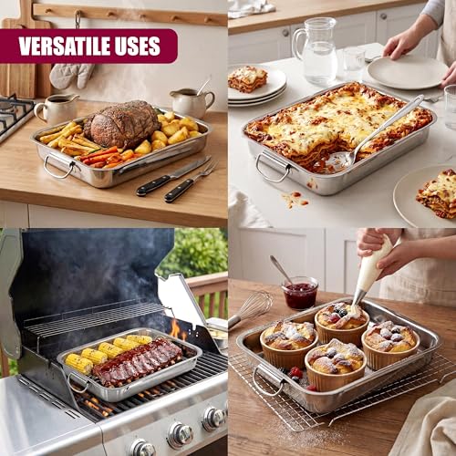 GEEZY Set of 3 Stainless Steel Roasting Tins (27, 31 & 36cm) - Large Rectangular Oven Roasting Tray with Movable Handles - Deep Nesting Baking Dish for Cooking Meat, Lasagne & Turkey - Image 6
