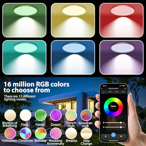 HOTUT Lámpara de techo RGB de 24 W regulable, luz de techo LED, WiFi para baño, control remoto y aplicación, 2700 K-6500 K, luces de techo inteligentes redondas funcionan con Alexa Google Bluetooth - imagen 4