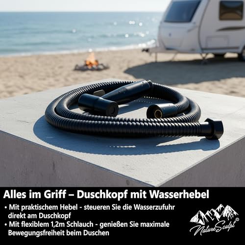 NatureSculpt Mobiler Camping-Duschkopf aus Edelstahl, Verstellbare Wasserzufuhr, 1,2 m Schlauch, Kompakt & Ideal für Outdoor, Vanlife & Wohnmobil (Schwarz)