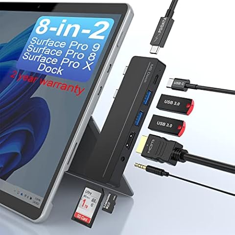 8-in-2 Surface Pro 9 Pro 8 Docking Station, Surface Pro 8 Hub with 4K HDMI,100W USB-C Thunerbolt 4 (Display+Data+PD Charging), USB C(Data), Audio, 2*USB 3.0, TF/SD Card for Microsoft Surface Pro 9/8/X Cover