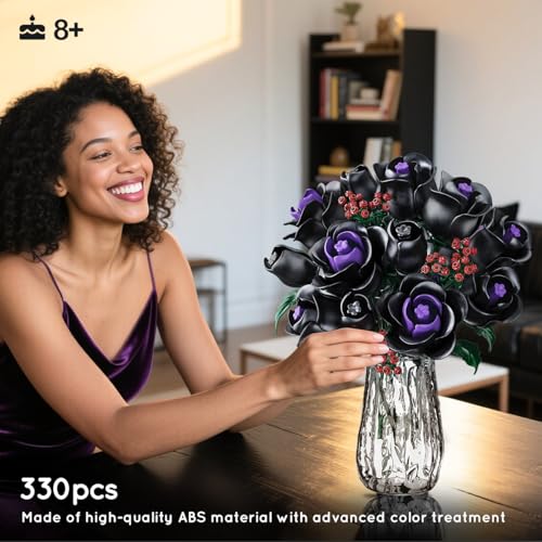 HOGOKIDS Flowers Bouquet Building Set - 15 Black Roses Botanical Collection Building Blocks Artificial Flower Toy, 330PCS Gothic Home Office Decor Christmas Birthday Gift for Adults Kids Girls Age 8+