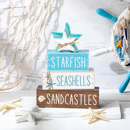 Yuntau 4 Pcs Beach Christmas Table Decor Starfish Seashell Coastal Wooden Block Sign Ocean Tiered Tray Decor Farmhouse Table Centerpieces Rustic Nautical Decorations for Home Office Desk Shelf Mantel - Image 2