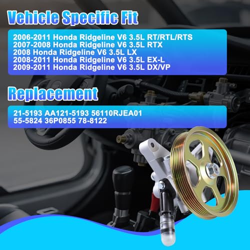 Image of 21-5193 Power Steering Pump with Pulley for 2006-2011 Ridgeline V6 3.5L | Replace 215193 AA121-5193 56110RJEA01 55-5824 36P0855 78-8122