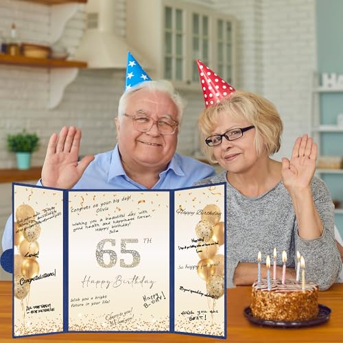 Image of DARUNAXY Blue Gold 65th Birthday Party Decorations, Blue Happy 65th Birthday Alternative Signature Guest Book for Men Women Cheers to 65 Years Old Gifts 65 Birthday Signing Card Board Party Supplies