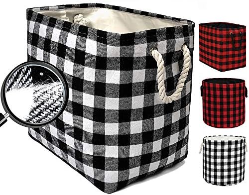 Large Rectangular Decorative Storage Bins Foldable Laundry Hamper Baskets Buffalo Grid Pattern with Rope Handles for Blankets, Toys, Nursery, White Black Grid, L