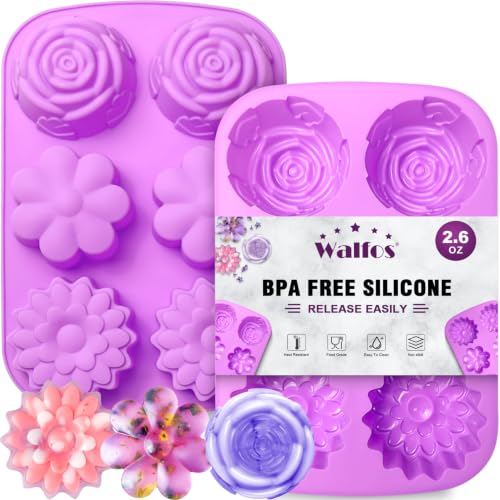 Image of Walfos Silicone Flower Soap Mold,6 Cavities Different Flower Shapes Soap mold BPA Free.Perfect for Homemade Craft Soap,Ice,Mousse,Cake,Jelly,Chocolate.(2pcs Purple)