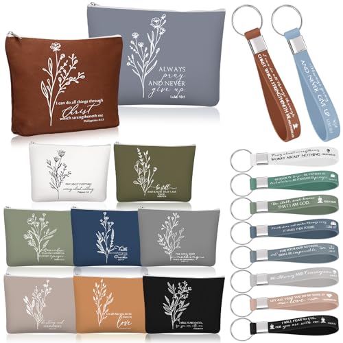 Fumete 40pcs Grandparent Day Gift for Church Women Inspirational Bible Keychains and Boho Canvas Makeup Bags Religious Gifts for Church Sunday School Teacher Mom (Boho Color)