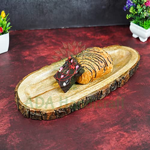 Image of ADA Handicraft Mango Wood Handmade & Handcrafted Wooden Serving Tray (40 x 16 x 2.5 cm)- Wooden Tray Papaya Design Crafted by Saharanpur Artisans