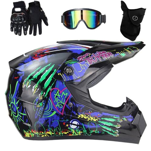 Caschi da Motocross Per Bambini 8-14 Anni, Casco ATV Per Ragazzi Omologato DOT, con Occhiali, Maschera E Guanti, Per Fuoristrada(CC,M(54-55cm))