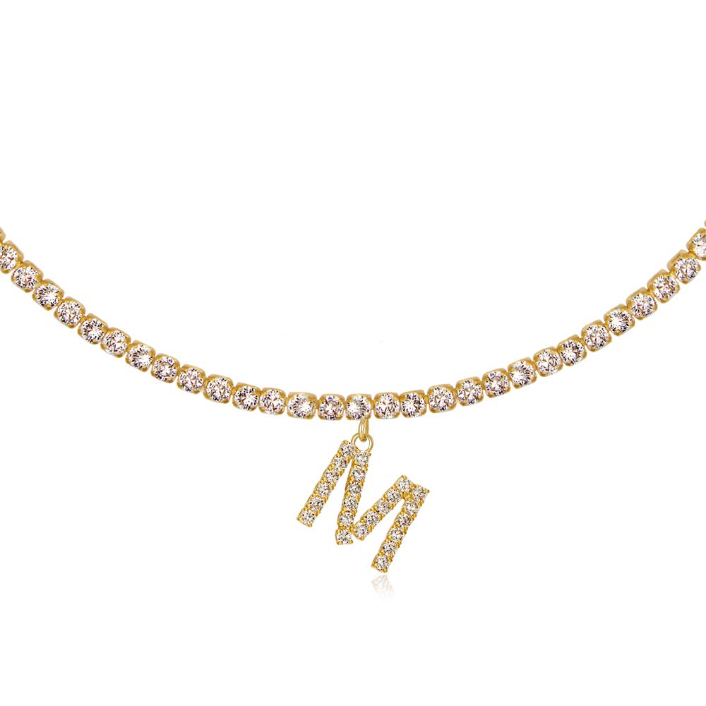 Letter Necklace 14k Gold Plated Tennis Chain Initial Choker Bling Iced CZ Diamond Necklace for Women