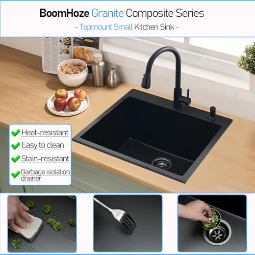 BoomHoze 25x22 Drop In Kitchen Sink, Matte Black Granite Composite Quartz Drop In Sink Single Bowl Outdoor Kitchen Sink 25-inch Utility Drop-In/Topmount with Small Rubber Squeegee by BoomHoze - Image 3