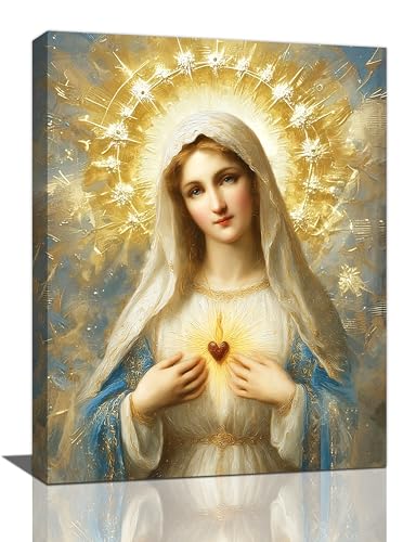 Christian Virgin Mary Wall Art Mary Mother Of God Jesus Canvas Wall Decor Catholic Pictures Christ Paintings Prints Religious Bible Artwork Framed Decorations For Church Prayer Room Bathroom Bedroom Living Room Gifts 12" x 16"