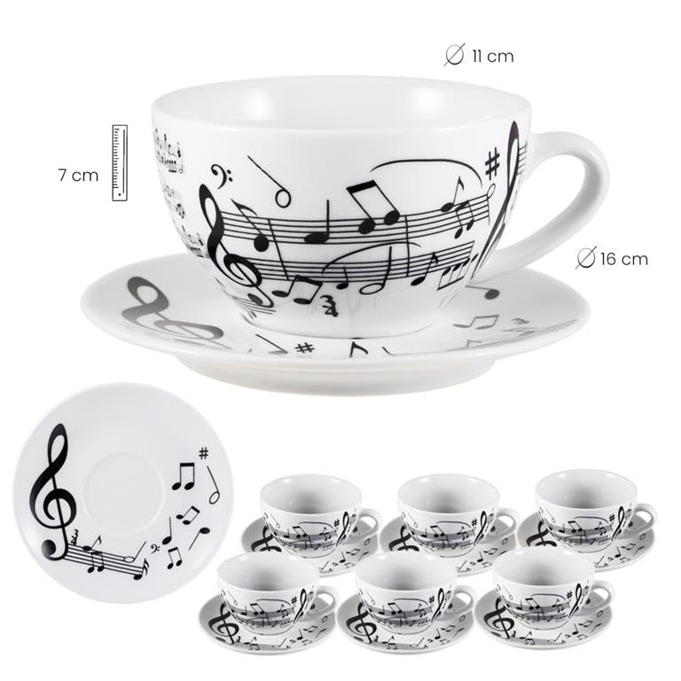 DRW Set 6 Tazze Jumbo con Piatto in Porcellana Decorate con Note Musicali, Tazza: 11 x 11 x 7 cm, Nero/Bianco, Medidas: Taza: 11x11x7 cm