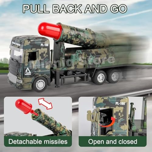 Image of Military One Missile Launcher Truck with Lights & Sounds - Pull Back & Go Missile Model for Kids - Missiles Military Die Cast Truck Gift for Kids (Multicolor)