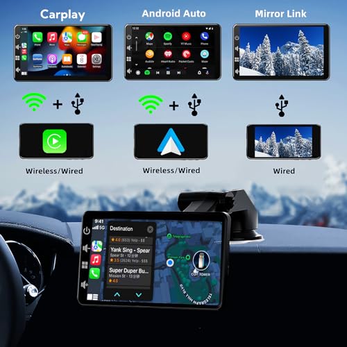 Pantalla de Coche con Carplay y Android Auto inalambricos: Radio Portatil de 7 Pulgadas con Pantalla Tactil, Mirror Link - Carplay Pantalla para Coche con Control de Asistencia por Voz/Sin Instalacion - imagen 2