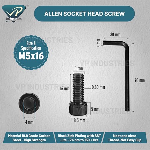 Image of By inchVP INDUSTRIES inch (Pcs-25) M5X16 mm Socket Cap Allen Head Screw Black Zinc Finish | Allen Key Head Hex Socket Bolt for Furniture Assembly, DIY & Industrial FasteningWork