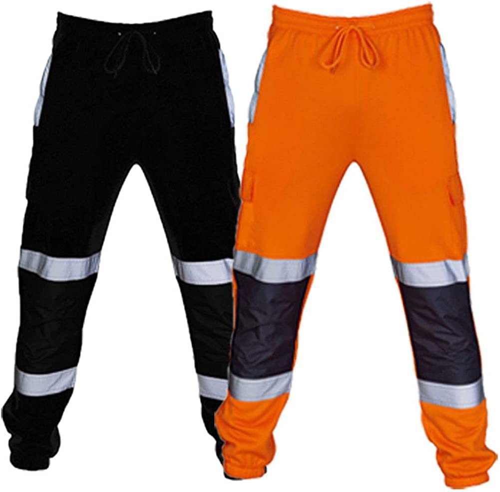 HUAZONG Pantalon de jogging haute visibilité haute visibilité avec bande réfléchissante à rayures bicolores imperméable et épais, Noir , L