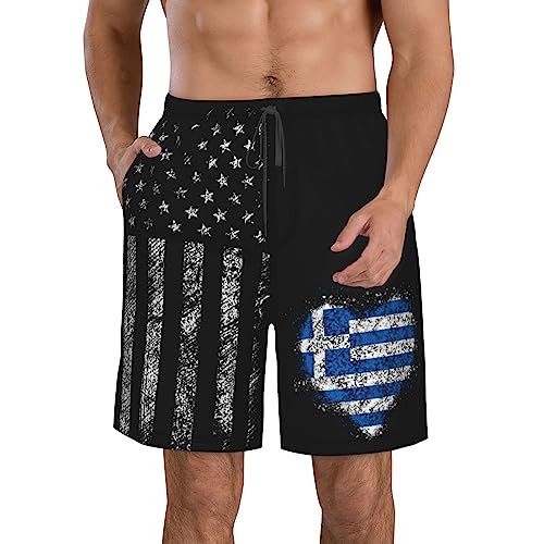 PAUPPY Heart Greek Flag Mens Quick Dry Short Swim Trunks with Mesh Lining Swimwear Bathing Suits - Small White
