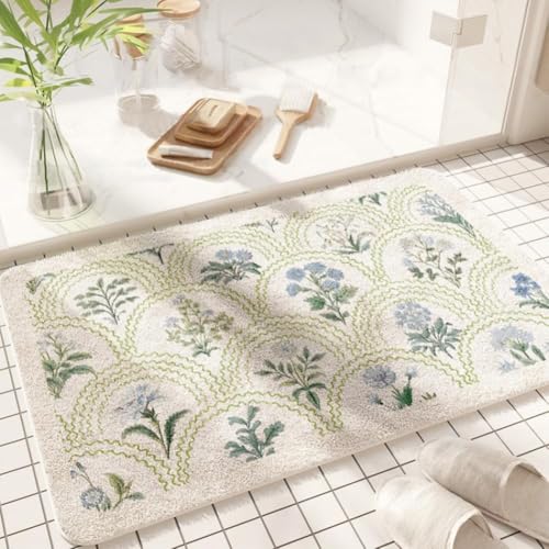 gdmgdr Spring Floral Bathroom Rug 32" x 20" Wild Flowers Bathroom Mat Boho Floral Bath Rug (Rectangular, Green)