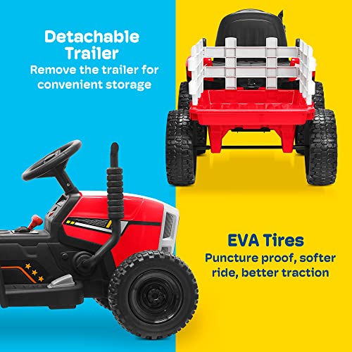 Kidzone 12V7AH Premium Version w/EVA Treaded Tires Dual 35W Motors Boost Power Torque Remote Control Electric Tractor w/Trailer Toddler Ride On Toy 3-Gear-Shift, 7-LED Lights Bluetooth,Red - Thumbnail 4