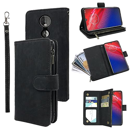 Compatible with Moto Z4/Moto Z 4 Play/MotoZ4 Force Wallet Case and Premium Vintage Leather Flip Credit Card Holder Stand Cell Phone Cover for Motorola 4Z Motoz4cases MotoZ4Play XT1980-4 2019 Black