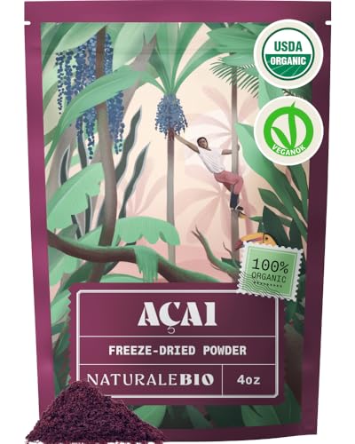 NaturaleBio Acai Powder Organic 4oz - Freeze Dried - Pure Organic Acai Berry Powder (Freeze-Dried) from Brazil Dried Raw Food and Extract of Pulp of Acai Berry Fruit