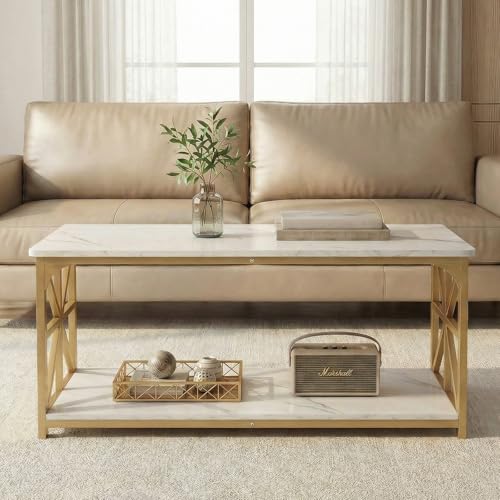 Image of GOFLAME 2-Tier Rectangular Coffee Table, Modern Center Table with Wooden Top, Metal Frame, X Shaped Side Pattern, Display Accent Tea Tables, Living Room Tables for Apartment (White & Gold)