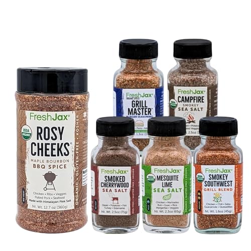 FreshJax Organic Maple Bourbon BBQ Rub and Smoked Seasoning Gift Set Bundle | 5 Sampler Sized and 1 Large Bottle | Non GMO, Gluten Free, Keto, Paleo, No Preservative