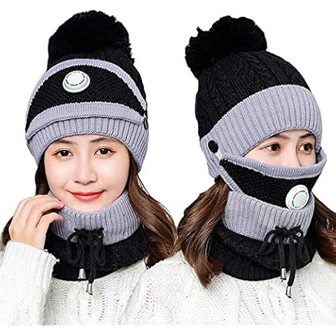 3pcs/Set Fashion Women Winter Knitted Hat Thickened Woolen Cap with Warm Mask and Neck Scarf (Black2) Cover