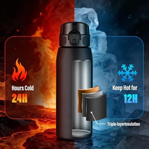 Image of Insulated Water Bottle 18 oz with Dustproof Lid, Carry Handle & Tea Infuser, BPA-Free & Leakproof, Stainless Steel Water Bottles Ideal for Fitness, Hiking, Office & Outdoor Use (Black )