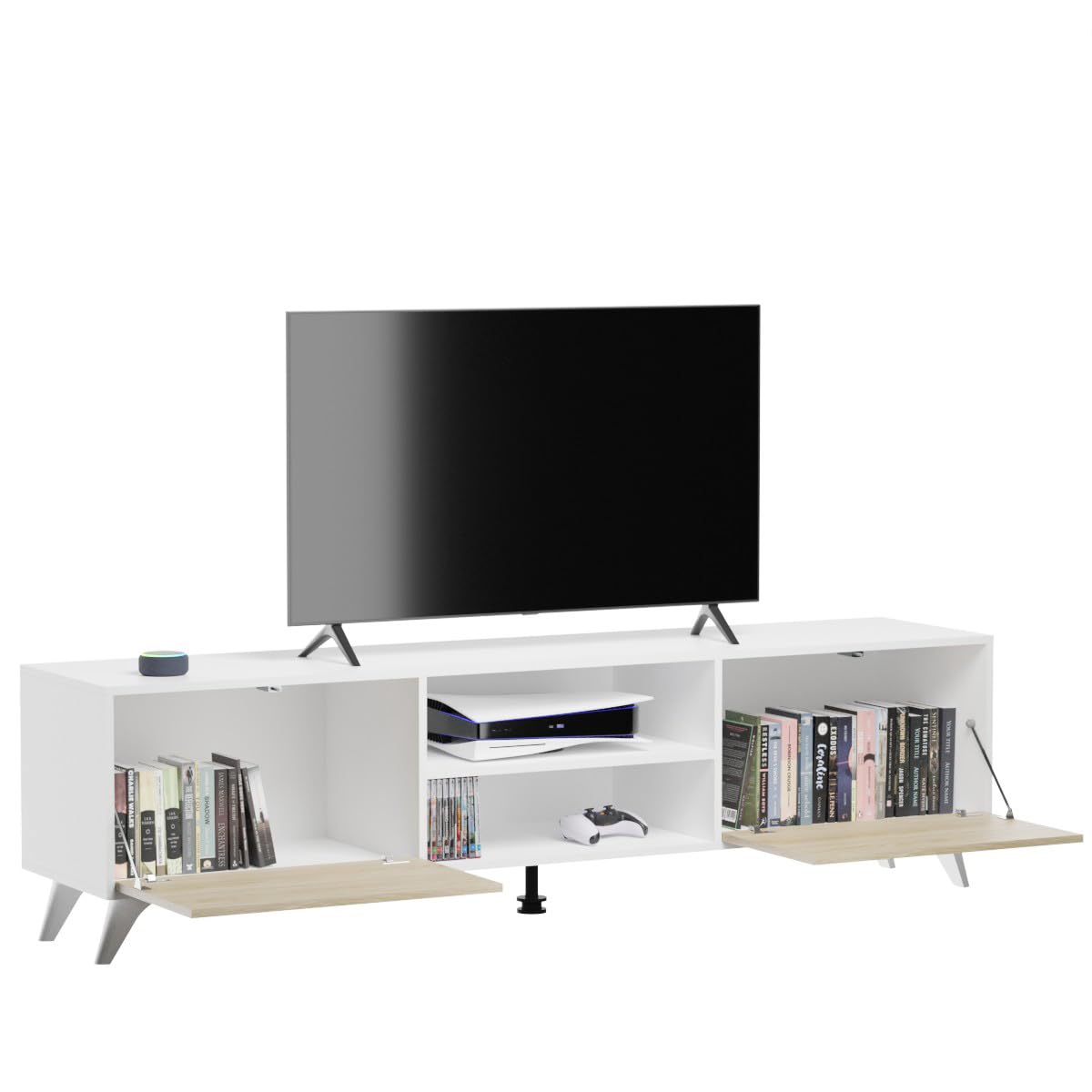 Homey Mueble de TV Döburg de Diseño Nórdico, 2 Compartimentos de Almacenamiento y 2 Puertas, Apto para Televisores de hasta 77 Pulgadas, Color Blanco-Roble