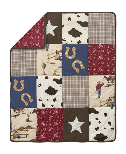 Image of Sweet Jojo Designs Brown Western Cowboy Boy Baby Mini Crib Bedding Set Infant Nursery Room Newborn Blanket Portable Pack n Play Sheets 3p Red Wild West Horse Horseshoe Cow Print Animal Bandana Plaid