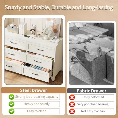 Image of Dresser for Bedroom, Chest of Drawers, 6 Drawers Metal Dresser with Anti-Tipping Device, White Bedroom Dresser for Living Room, Entryway, Hallway