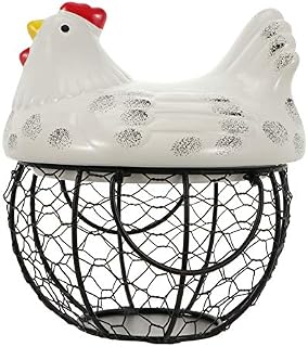 Cabilock Chicken Egg Basket Egg Storage Basket Easter Egg Basket with Hen Figurine Ceramic Iron Basket Farmhouse Kitchen Decoration Ornament White