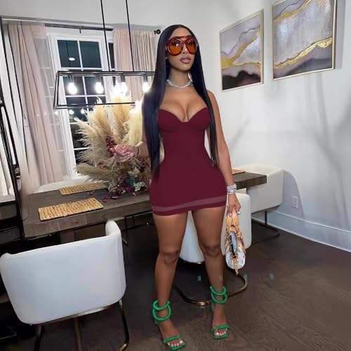 Image of Sexy Bodycon Mini Dress for Women Sweetheart Neck Spaghetti Strap Mesh Hem Party Club Night Out Short Dresses